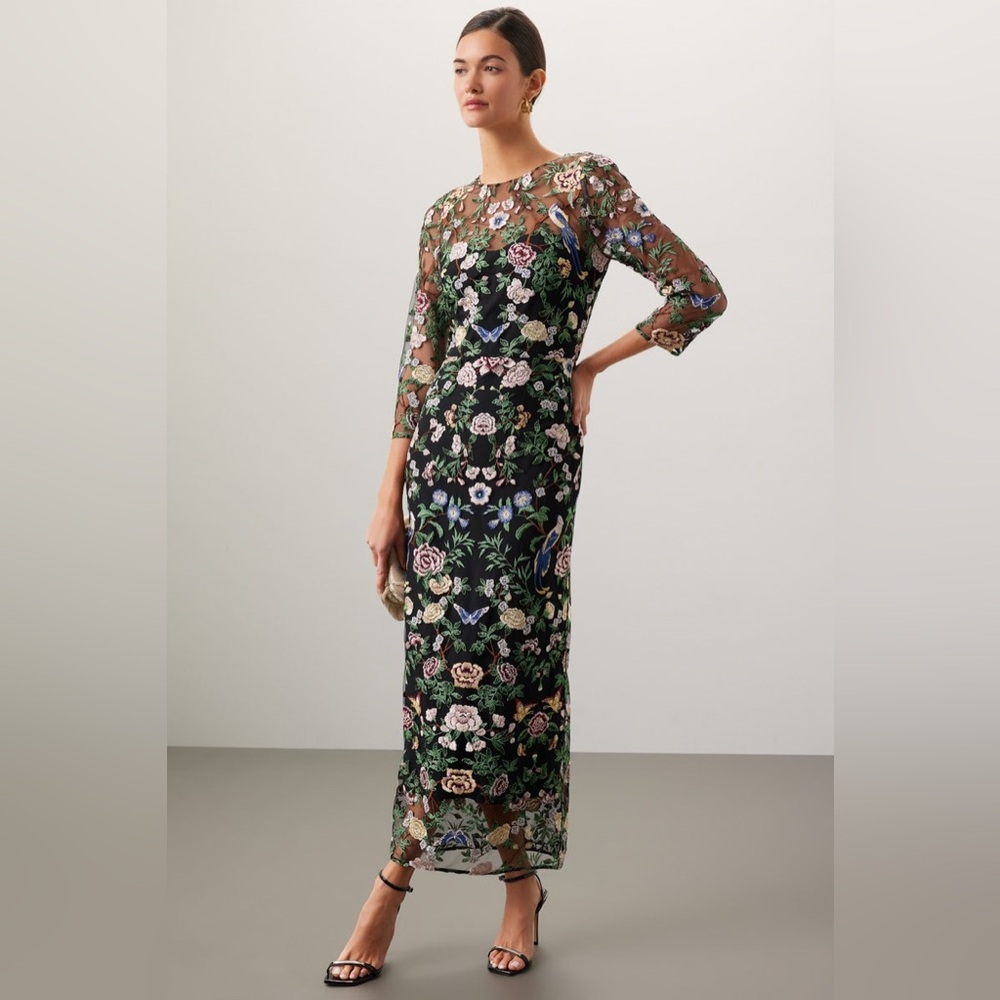Marchesa Notte NEW Long Botanical Floral Embroidered Midi Maxi Dress Size 6 - Picture 4 of 16